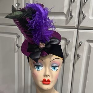 Mardi Gras Mini Purple Glitter Top Hat Headpiece w/Feather & Bow or Birthday Hat